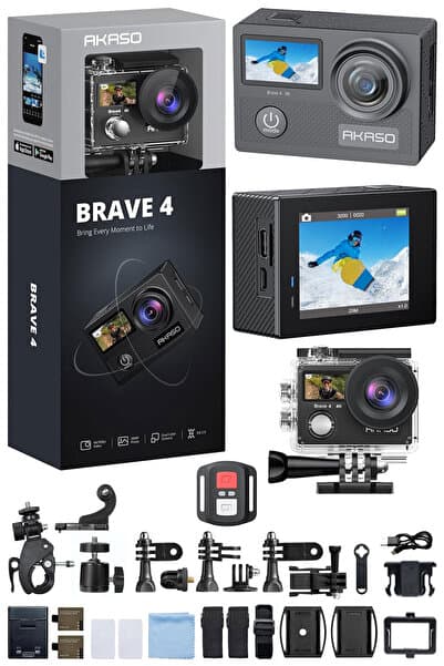 AKASO Brave4 4K/30fps 20mp WiFi Dual Screen Aksiyon Kamera ve Aksesuar Seti Su Geçirmez Kılıf App Kontrolü