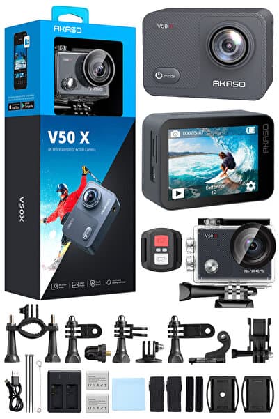 AKASO V50X 4K/30FPS 20MP Wi-Fi Aksiyon Kamera ve Aksesuar Seti, Su Geçirmez Kılıf, App Kontrollü