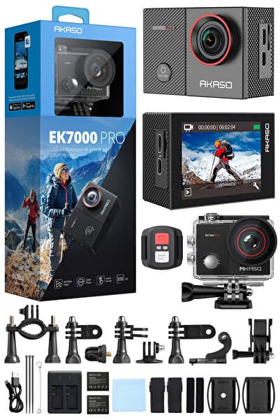 AKASO EK7000 Pro 4K/30 FPS 20MP Wi-Fi Aksiyon Kamera ve Aksesuar Seti, Su Geçirmez Kılıf, App Kontrollü
