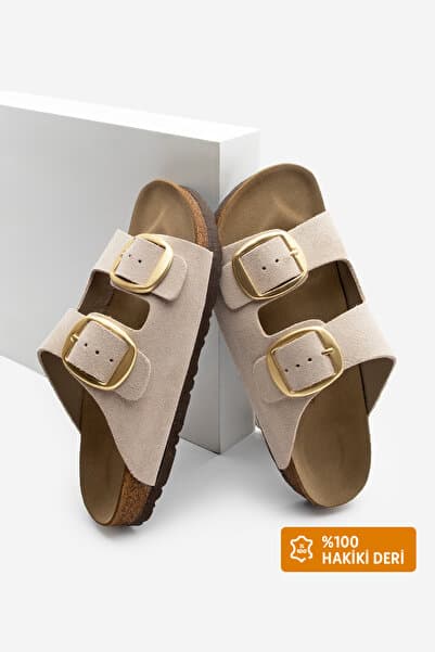 Kadın Hakiki Deri Günlük Terlik Çift Bantlı Terlik Eva Taban Poli Bej