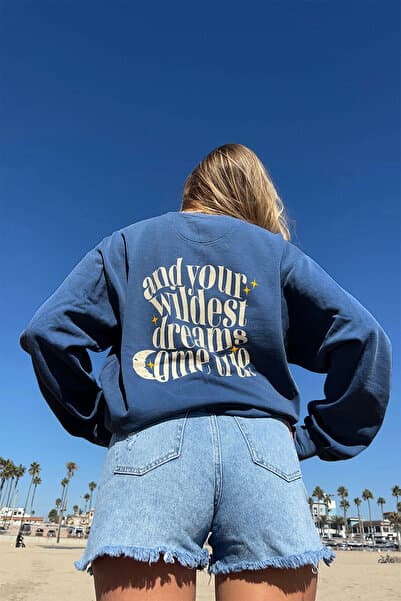 The Champ Clothing Unisex Oversize Sweatshirt Wildest Dreams Baskılı Mavi – Bisiklet Yaka, 3 İplik Şardonlu