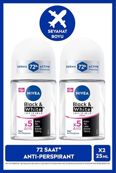 NIVEA Kadın Roll-on Deodorant Black&White Invisible Clear 25ml, 72 Saat Anti-perspirant Ter Koruması