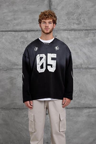 NOMARC Erkek Sweatshirt Nmrc Rakam Oversıze Sweatshırt Siyah Oversize Baskılı Bisiklet Yaka