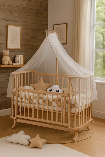 Mabela Beşik Ahşap Kahverengi Krem Örgü Koruma Set Ile