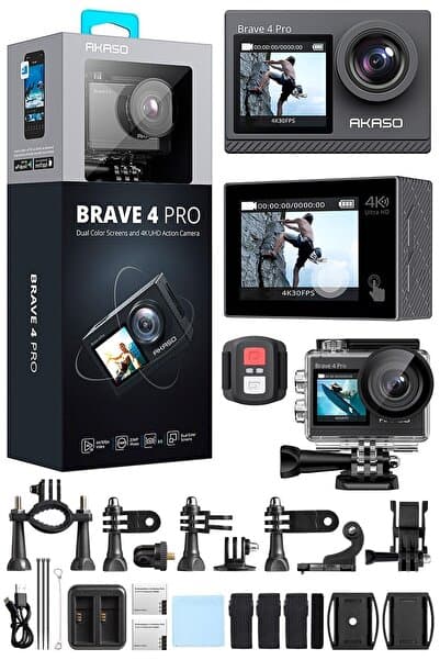 AKASO Brave 4 Pro 4K/30FPS 20MP Wi-Fi Aksiyon Kamera ve Aksesuar Seti, Su Geçirmez Kılıf, App Kontrollü