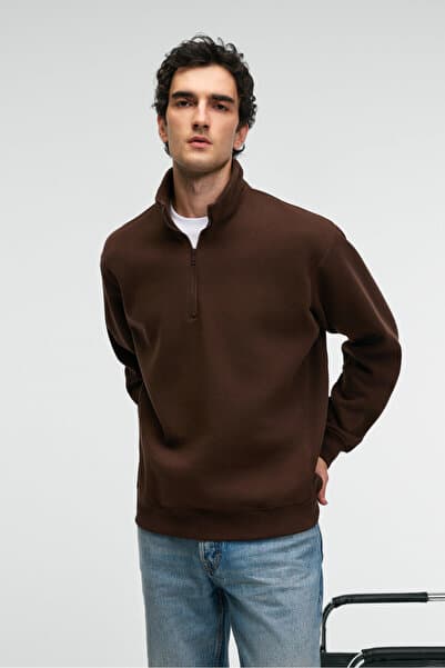 GRIMELANGE BAXTER Erkek Dik Yakalı Fermuarlı Relaxed Kahverengi Sweatshirt