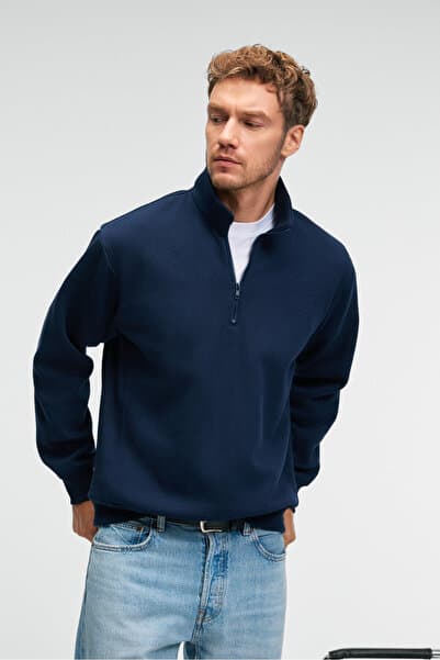 GRIMELANGE BAXTER Erkek Dik Yakalı Fermuarlı Relaxed Lacivert Sweatshirt