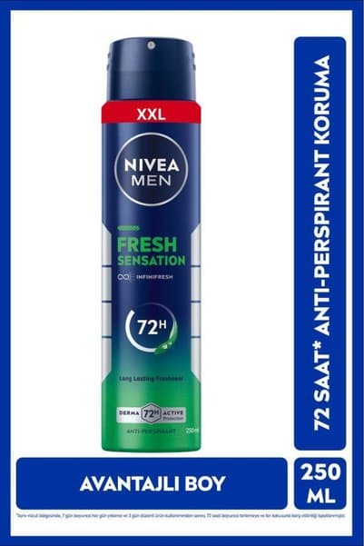 NIVEA MEN Erkek Sprey Deodorant Fresh Sensation 250ml, 72 Saat Anti-perspirant Ter Koruması, Avantajlı Boy