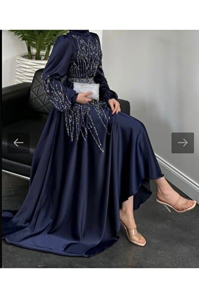 VAIMONI MODA Saten Taş Detaylı Uzun Tesettür Abiye (NİŞAN-DÜĞÜN)