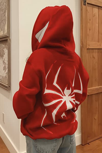 classy moda Unisex 3 İplik Kanguru Cepli Kapüşonlu Sweatshirt Özel Örümcek Baskılı Rahat Günlük Stil