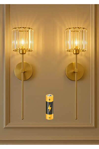 burenze Modern Tasarım Kristal Taşlı Kablosuz Aç Kapa Butonlu Pilli Aplik Eskitme Gold Tak Çalıştır 1 ADET