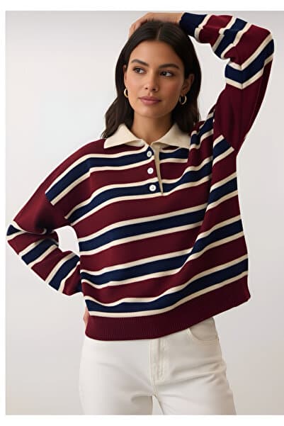 Genel Markalar KADIN ÇİZGİLİ POLO YAKA TRİKO SWEATSHIRT