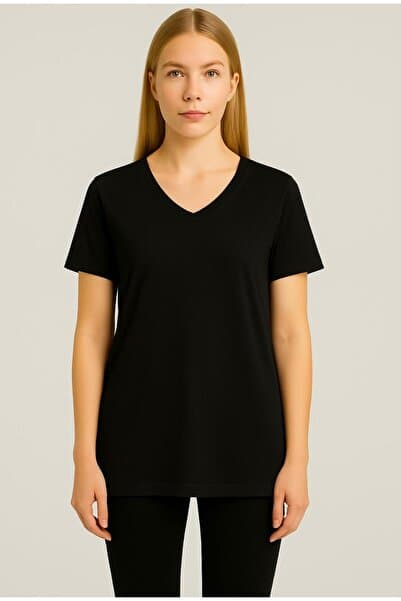 AXXEL Kadın Siyah Kısa Kollu Pamuklu Oversize Rahat Kesim T-shirt-d804-k