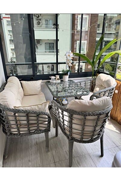 Tu Tienda KARTEPE ALÜMİNYUM 2 1 1 RATTAN BAHÇE BALKON TAKIMI,GRİ RATTAN/KREM KUMAŞ