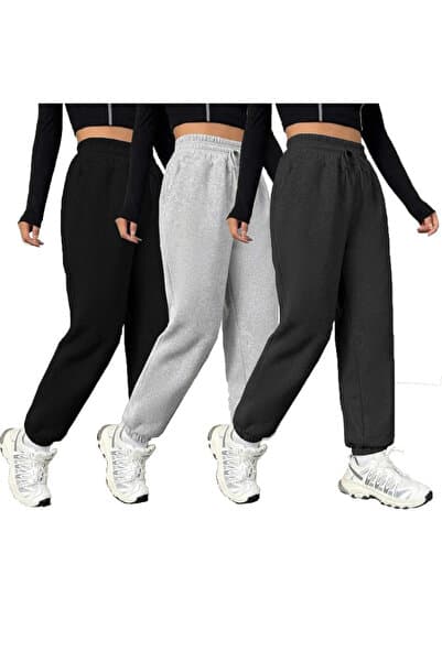 memowear Unisex 2 ip Örme Kumaş Rahat Kesim 3'Lü Set Bel ve Paça Lastikli Eşofman Altı