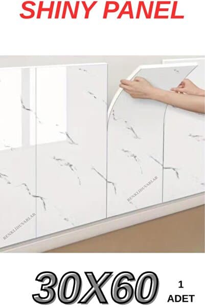 Renkli Duvarlar Shiny Beyaz Mermer Desenli 60x30cm Yapışkanlı Mutfak Banyo Kaplama Duvar Paneli Kağıdı CF-1035