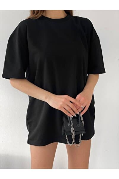 Genel Markalar Unisex Siyah Spor Bisiklet Yaka Pamuk Oversize Boyfriend T-shirt