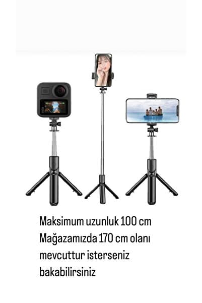 Siyah Kablosuz Kumandalı Telefon Selfie Çubuğu Monopod Ayaklı Tripod Bluetooth 100 Cm