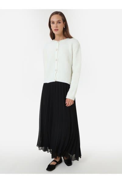 Refka Beli Lastikli Piliseli Şifon Etek - Siyah -