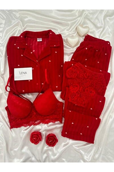 Lena Homewears Kırmızı Dreams İç Çamaşırlı Kalp Desenli Düğmeli Polar Pijama Takımı