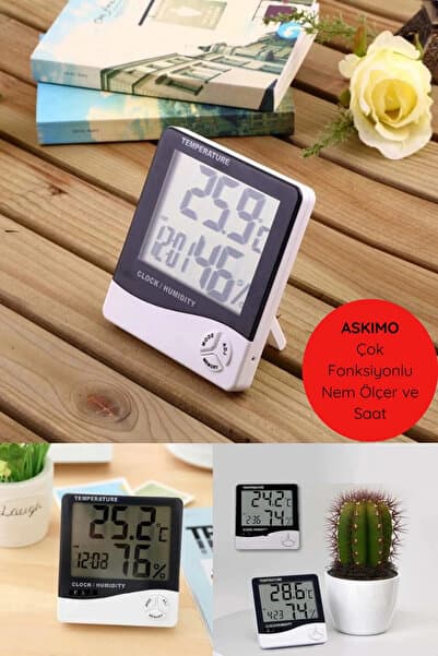 Askımo Çok Fonksiyonlu Lcd Dijital Ekranlı Duvar Ve Masaya Uygun Standlı Nem Derece Masa Saati Termostat