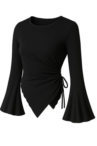 Siyah Yuvarlak yaka Drape Detaylı İspanyol Kol Tesettür Uyumlu Üst Bluz