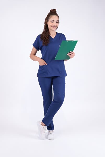 LITTE Unisex Likralı Hemşire Doktor Forma Takımı Terletmeyen Kumaş Scrubs Hastane Üniforması Gece Mavisi