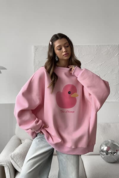 The Champ Clothing Kadın Pembe Bisiklet Yaka Sweatshirt Elbise– Pembe Ördek Baskılı 3 İplik Şardonlu Oversize
