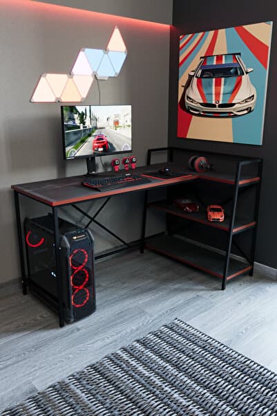 Flinder Siyah Raflı Çift Yöne Uygun Oyuncu Masası, Bilgisayar Masası, Gamer Masası, Gaming Masa, L Masa
