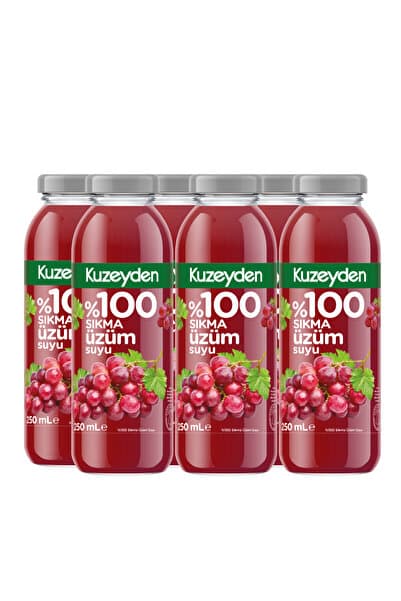 KUZEYDEN %100 Sıkma Üzüm Suyu | 6x250ml | İlave şeker, katkı ve koruyucu madde içermez | 6 Adet