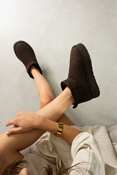 LORENN SHOES Mini Kahve Süet İçi Kürklü Kalın Taban Kadın Bot