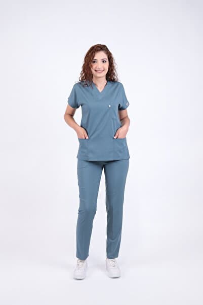 LITTE Unisex Likralı Hemşire Doktor Forma Takımı Terletmeyen Kumaş Scrubs Hastane Üniforması Goblin Mavi