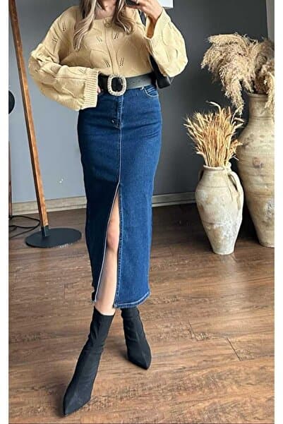 MADAME MELEK Zr Model Yırtmaç Detaylı Düğmeli Kot Etek Koyu Mavi Midi Diz Boy