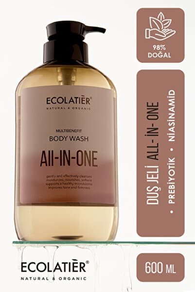 ECOLATIER Duş Jeli All-in-One – Prebiyotik & Niasinamid, Nemlendirici Vücut Şampuanı, Doğal Vücut Bakımı 600ml