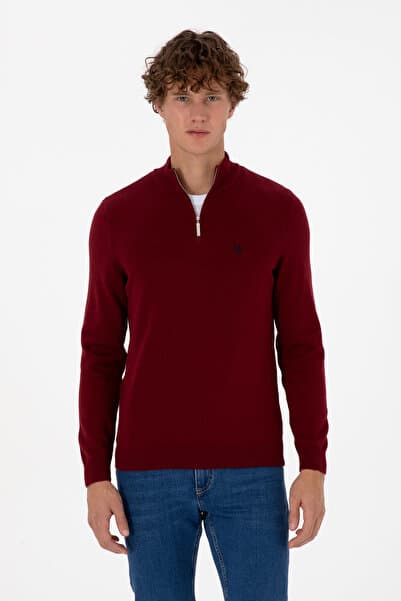 U.S. Polo Assn. Erkek Slim Fit Yarım Fermuarlı Bordo Basic Kazak 50313695-VR014