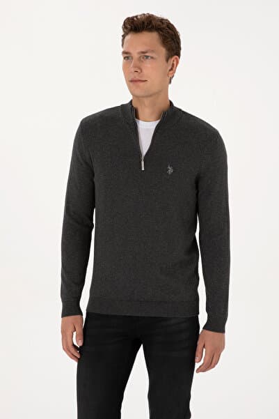 U.S. Polo Assn. Erkek Slim Fit Yarım Fermuarlı Antrasit Melanj Basic Kazak 50313695-VR081