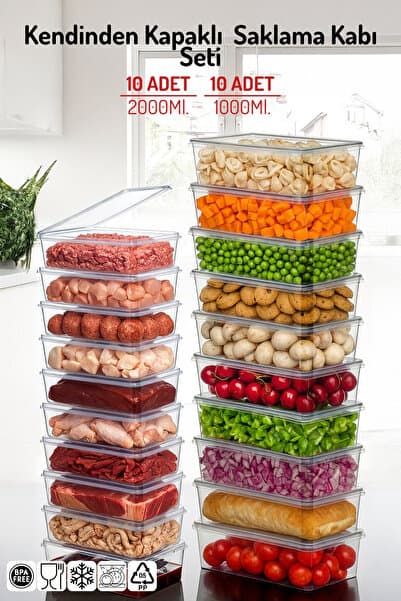 20'li Set Kendinden Kapaklı Derin Dondurucuya Uygun Saklama Kabı 1 Lt. ve 2 Lt.