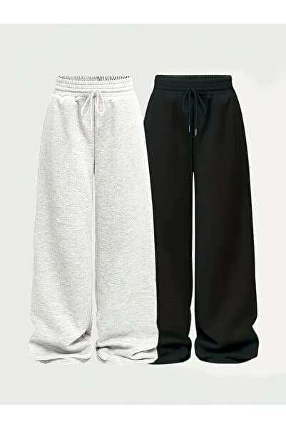 yx yustex sport Mevsimlik Kadın 2 Adet Siyah + Gri Eşofman Altı Bol Paça Baggy Büyük Beden Cepli Ayarlanabilir