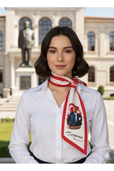 Atatürk Silüetli ve İmzalı Kırmızı-Beyaz Desenli Kravat / Eşarp / Fular