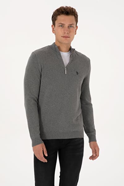 U.S. Polo Assn. Erkek Slim Fit Yarım Fermuarlı Gri Melanj Basic Kazak 50313695-VR109