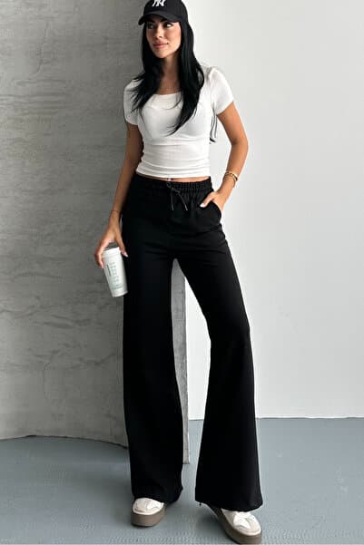 macharel jeans Kadın Siyah Iki Iplik Beli Lastikli Salaş Bol Paça Eşofman Altı