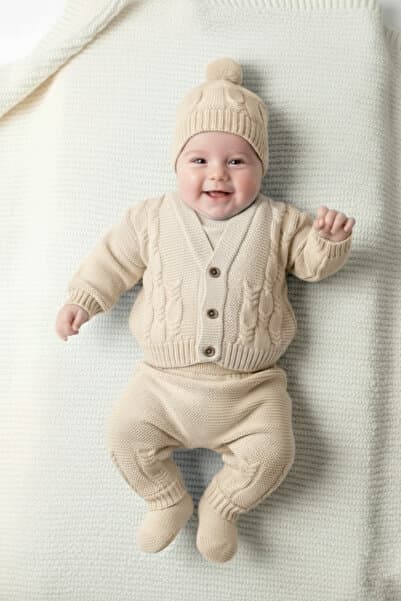 Çocuksan Baby&Kids Wear Bej 5 Parça Unisex Kız-Erkek Bebek Takım Örgülü Triko Bebek Takım