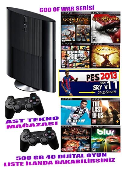 Playstation 3 Süper Slim 500 Gb ( Yenilenmiş ) 2 Kablosuz Kol 40 Dijital Oyun Garantili Ürün