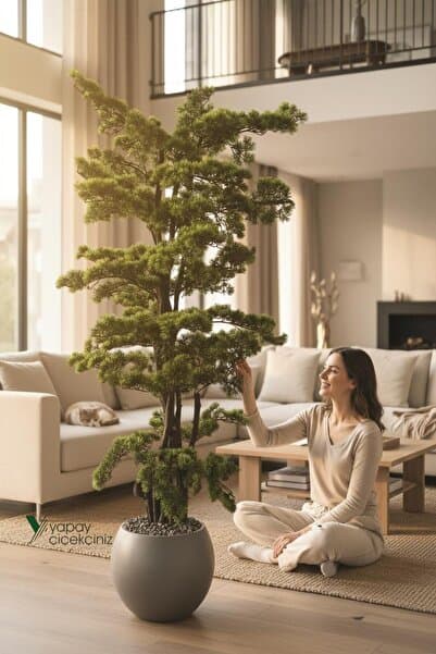 YAPAY ÇİÇEKÇİNİZ Modern Küre Saksıda 180 cm Yoğun Yapraklı Lüks Bonzai Bonsai Ağacı