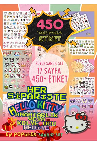 Ceres Studio Büyük Sanrio Sticker Set Hello Kitty Kuromi 17 Sayfa 450'den Fazla Sticker Etiket (425)
