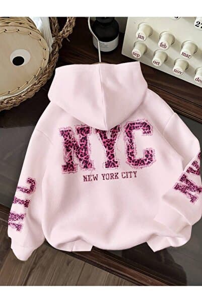 ZEMLİYA Kadın Minimalist”NYC” Leopar Baskılı Kapüşonlu Sweatshirt