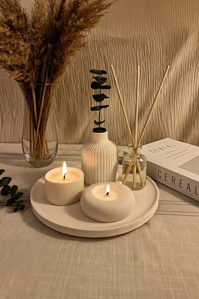 aymumi home Dekoratif 5li Set Mum Çizgili Vazo Tealight mumluk ve Oda Kokusu Seti