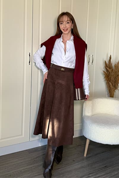 Dilay Gökoğlu Butik Süet Şık Midi Kahverengi Etek