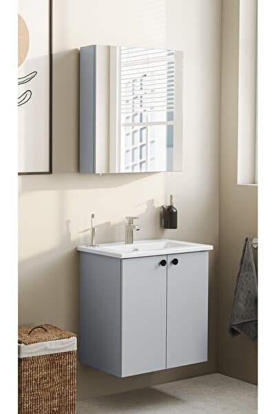 VitrA Shift T20 Banyo Dolabı Seti 60 cm – Lavabolu ve Ayna Dolaplı – Kül Gri