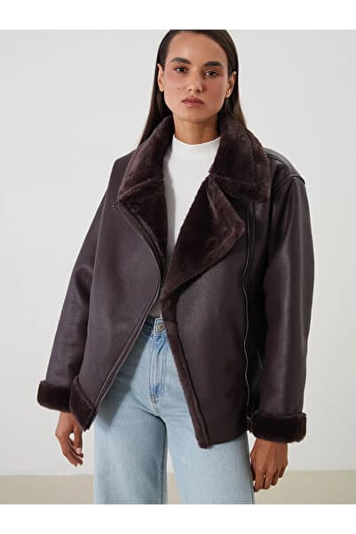 LC Waikiki Classic Loose/Bol Kesin Kahverengi Kürk Yaka Peluş Astar Deri Görünümlü Kadın Mont